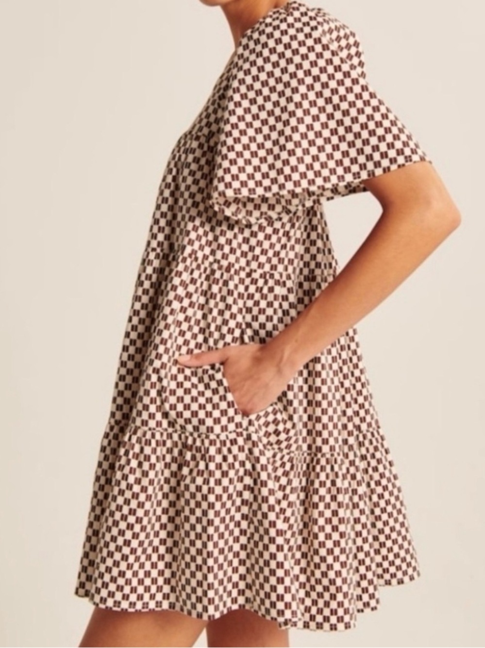 Square Neck Check Babydoll Mini Dress - Brown/White - Picture 4 of 7
